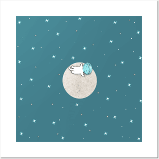 Cool Cat On A Moon Pattern Posters and Art